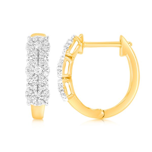 9ct Yellow Gold 1 10 Carat Diamond Hoop Earrings set with 54 Round Brilliant Cut Diamonds Hot on Sale