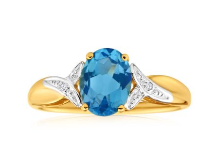 9ct Yellow Gold Oval Blue Topaz + Diamond Ring Online