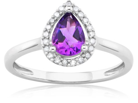 9ct White Gold Amethyst & Diamond Pear Shape Ring Fashion