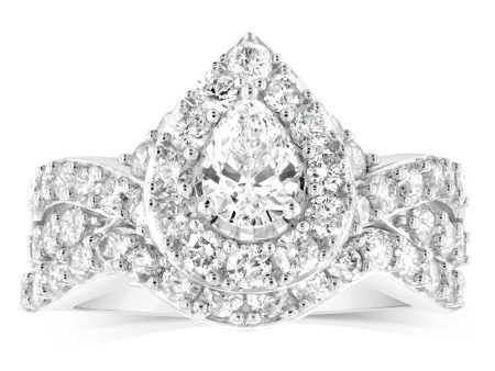 14ct White Gold 1.95 Carat Diamond Bridal 2 Ring set with Pear Centre Diamond Surrounded by Brilliant Cut Diamond Halo Online Sale