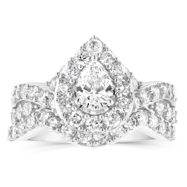 14ct White Gold 1.95 Carat Diamond Bridal 2 Ring set with Pear Centre Diamond Surrounded by Brilliant Cut Diamond Halo Online Sale