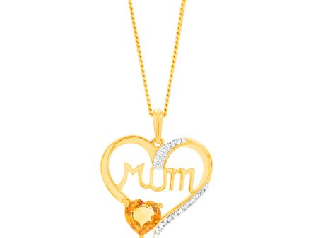 9ct Yellow Gold 6mm Natural Citrine And Diamond Mum Heart Pendant For Discount