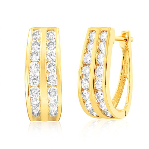 9ct Yellow Gold 1 Carat Diamond TW 2 Row Hoop Earrings Online now