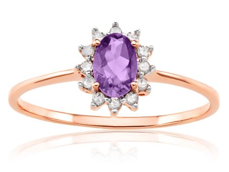 9ct Rose Gold 6x4mm Amethyst + 0.1 Carat Diamond Ring Supply