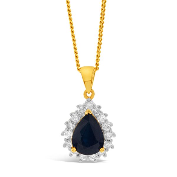 9ct Yellow Gold 1.72ct Natural Black Sapphire and Diamond Pear Halo Pendant For Sale