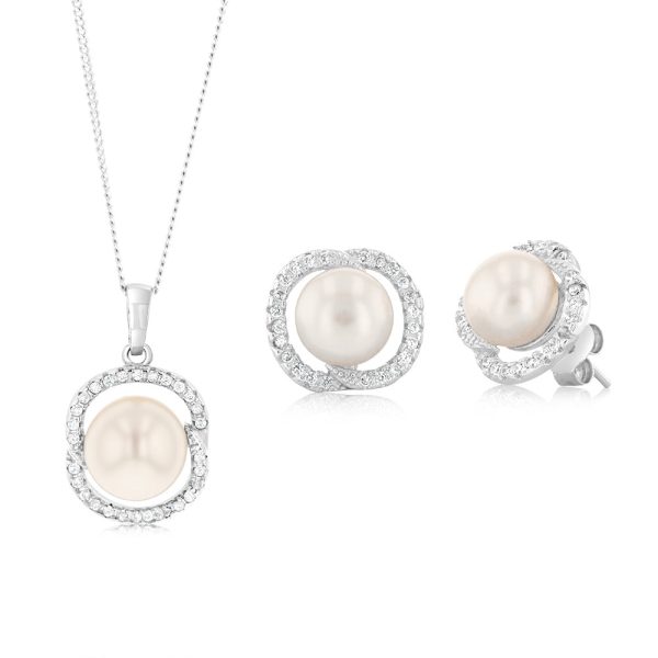 Freshwater Pearl and Zirconia Earrings and Pendant Gift Boxed Set. Cheap