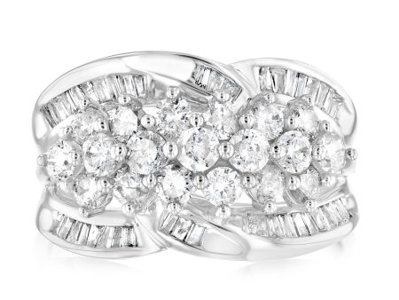 10ct White Gold 1.4 Carat Diamond Ring with Round Brilliant and Tapered Baguette Diamonds For Sale