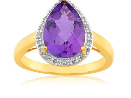 9ct Yellow Gold Amethyst & Diamond Dress Ring For Sale