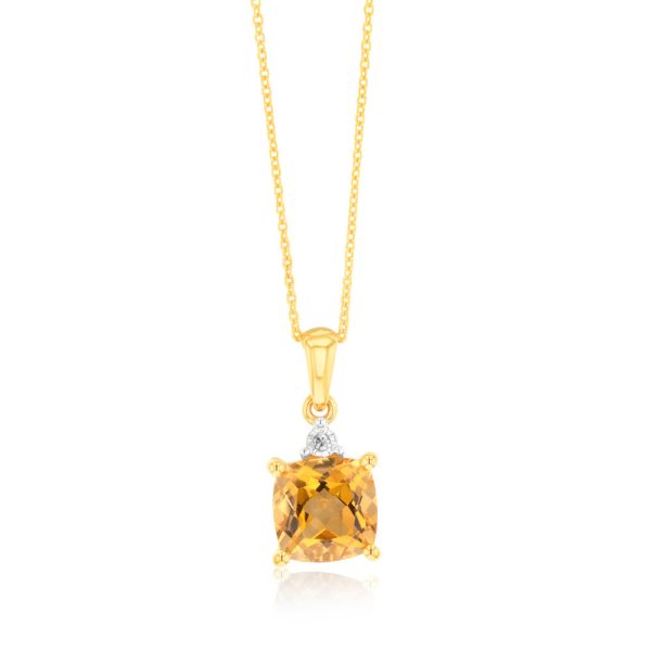 9ct Yellow Gold 1.4ct Citrine and Diamond Pendant On 45cm Chain For Sale