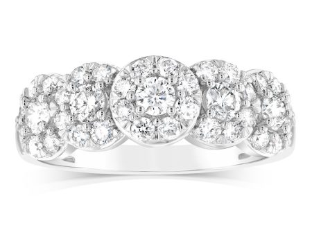 14ct White Gold 0.95 Carat Diamond Ring with 5 Round Brilliant Cut Diamonds Surrounded by Diamond Halos For Sale