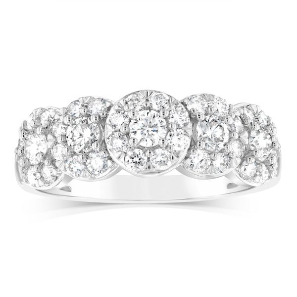 14ct White Gold 0.95 Carat Diamond Ring with 5 Round Brilliant Cut Diamonds Surrounded by Diamond Halos For Sale