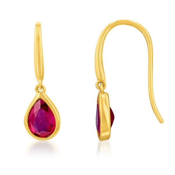 9ct Yellow Gold 2.00ct Natural Enhanced Ruby Pear Drop Earrings Fashion