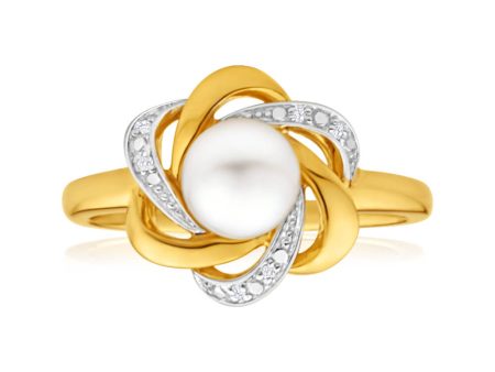 9ct Charming Yellow Gold Diamond + Pearl Ring Discount