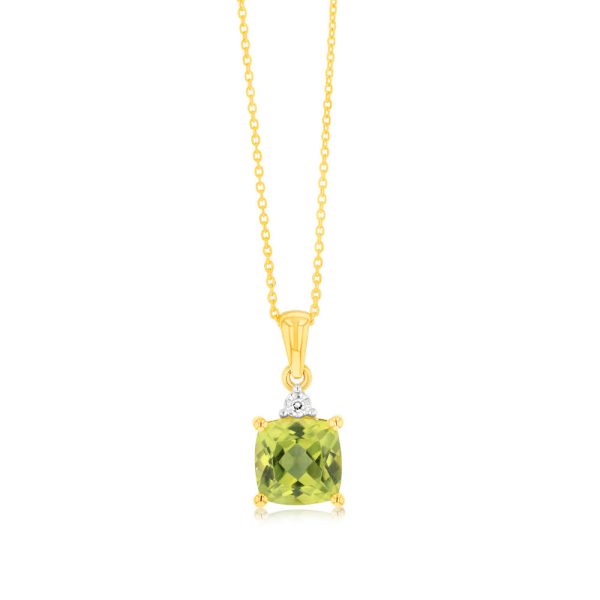 9ct Yellow Gold 1.7ct Peridot and Diamond Pendant On 45cm Chain For Discount