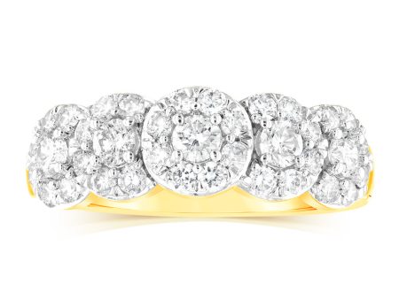 14ct Yellow Gold 0.95 Carat Diamond Ring with 5 Round Brilliant Cut Diamonds Surrounded by Diamond Halos Hot on Sale