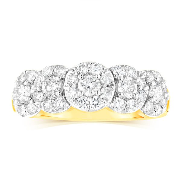 14ct Yellow Gold 0.95 Carat Diamond Ring with 5 Round Brilliant Cut Diamonds Surrounded by Diamond Halos Hot on Sale