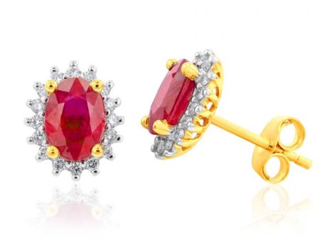 9ct Yellow Gold 2.21ct Natural Enhanced Ruby and Diamond Studs Discount