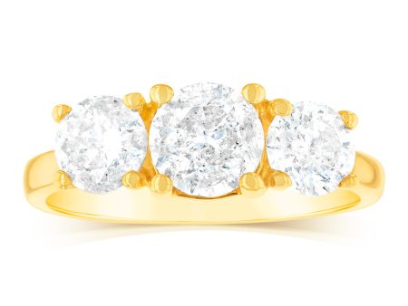 14ct Yellow Gold 2 Carat Diamond Trilogy Ring with 3 Round Brilliant Cut Diamonds For Sale