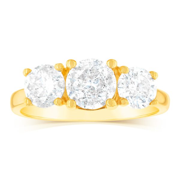 14ct Yellow Gold 2 Carat Diamond Trilogy Ring with 3 Round Brilliant Cut Diamonds For Sale