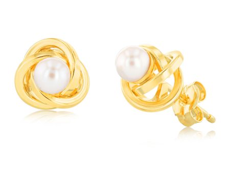 9ct Yellow Gold 4mm Fresh Water Pearl Knot Stud Earrings Hot on Sale