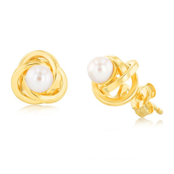 9ct Yellow Gold 4mm Fresh Water Pearl Knot Stud Earrings Hot on Sale