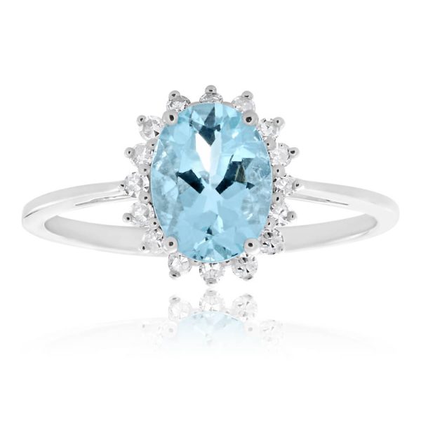 9ct White Gold Aquamarine + Diamond Cluster Ring Fashion