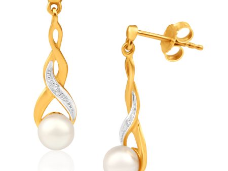 9ct Elegant Yellow Gold Diamond + Pearl Drop Earrings Cheap