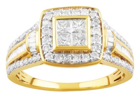 9ct Yellow Gold 1 Carat Diamond Ring with Princess Brilliant and Baguette Diamonds Online Hot Sale