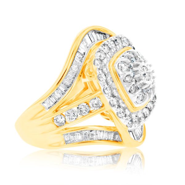 9ct Yellow Gold  3 Carats Look  TW 2 Carat Diamond Ring with Brilliant and Tapered Baguette Diamonds Hot on Sale