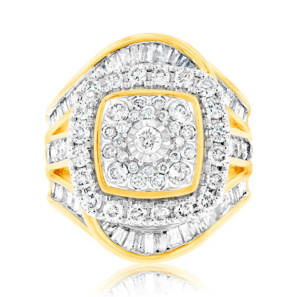 9ct Yellow Gold  3 Carats Look  TW 2 Carat Diamond Ring with Brilliant and Tapered Baguette Diamonds Hot on Sale