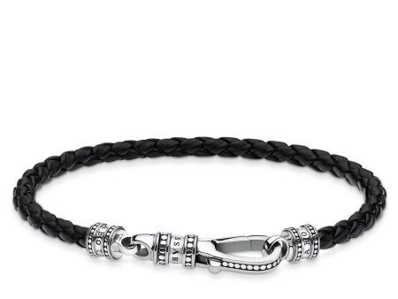 Thomas Sabo Sterling Silver Rebel Black Leather With Parrot Clasp 19cm Bracelet For Sale