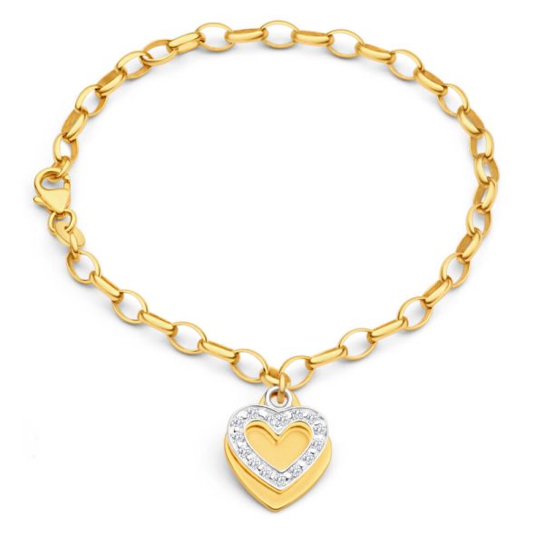 9ct Yellow Gold Silver Filled Cubic Zirconia Belcher Heart Charm 19cm Bracelet on Sale